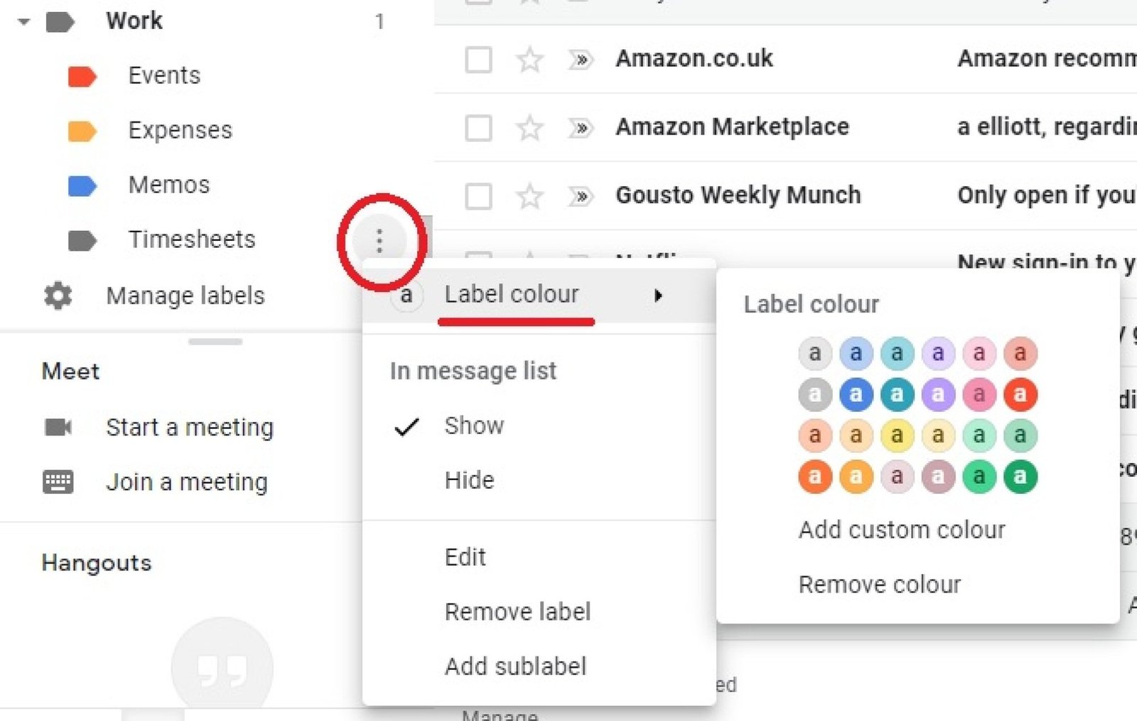 A Gmail screenshot highlighting the option to color code labels. 