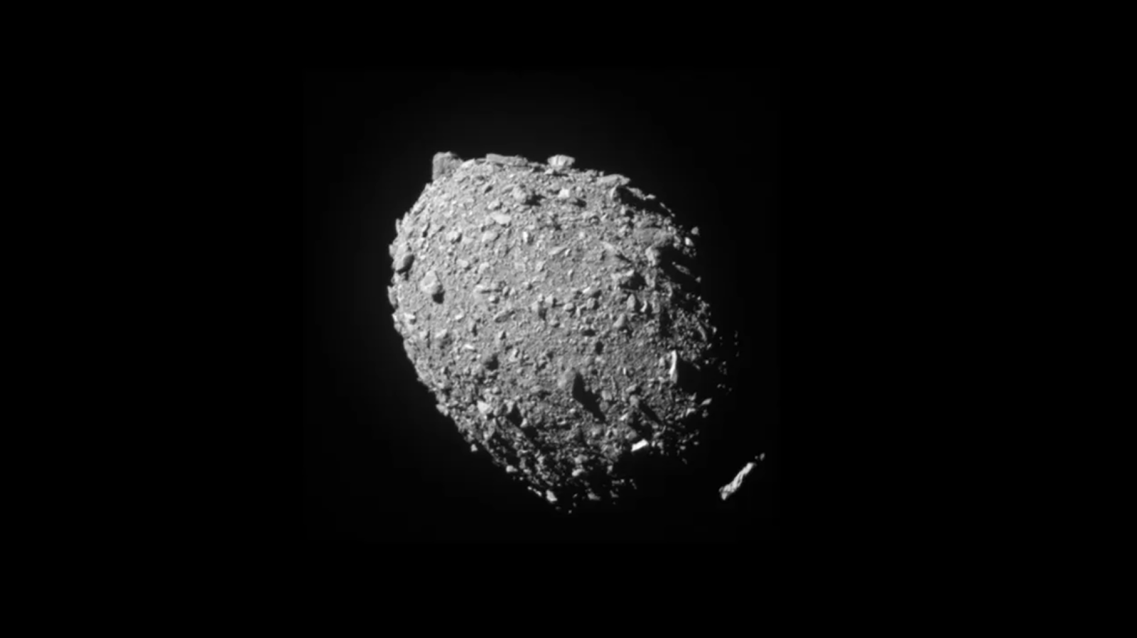 The asteroid Dimorphos just two seconds before impact from the DART spacecraft.