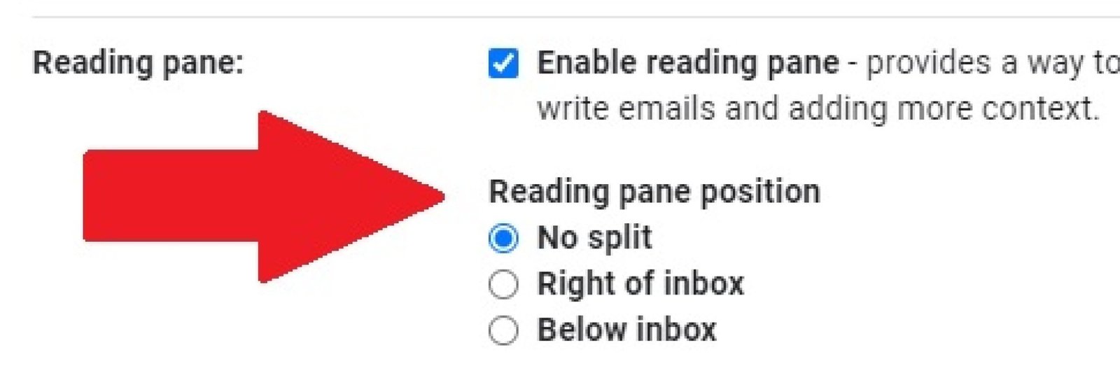 Gmail screenshot with the "reading pane position" options highlighted. 