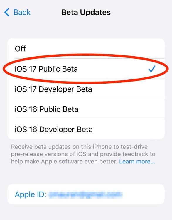 iOS 17 public beta check off in the beta updates page on an iPhone