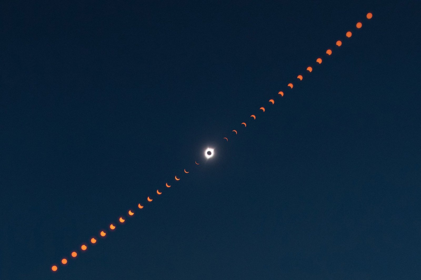 A composite image showing the progression of the total solar eclipse from partial to totality, and again to partial.