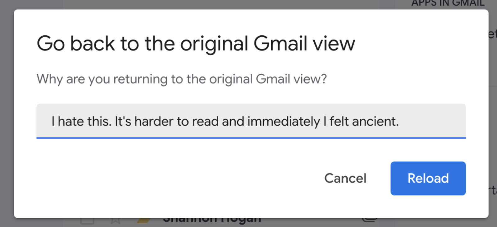 Gmail revert prompt that reads "I hate this. It