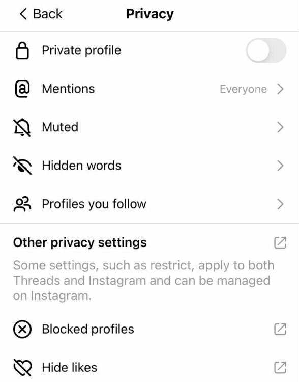 The Privacy page on the Threads app, including an option for Hidden Words.