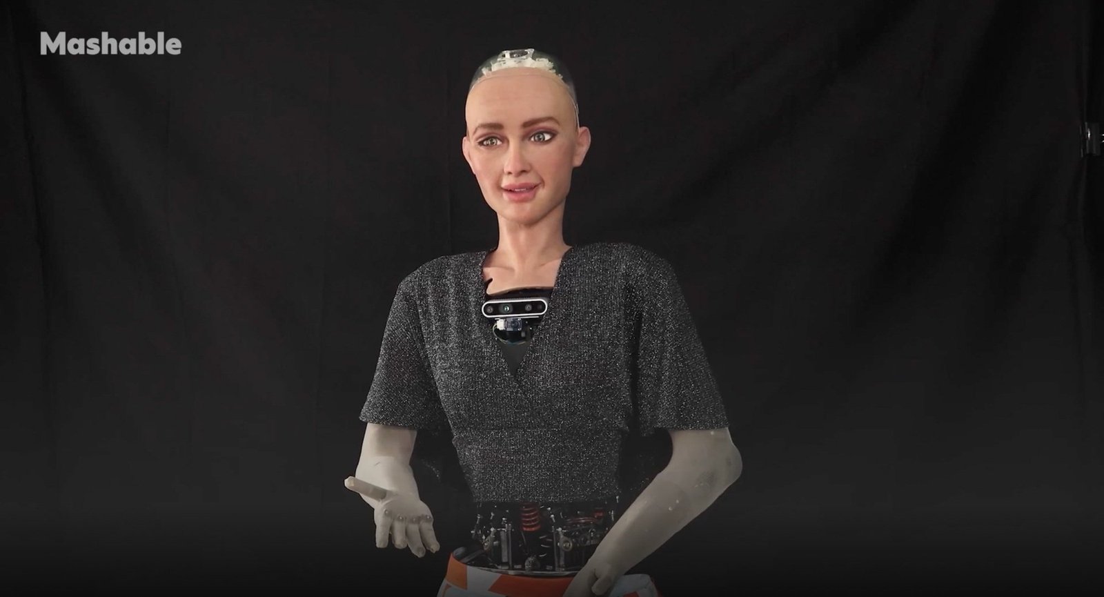 Sophia the robot in front of a black backdrop