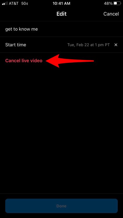 Arrow pointing to "Cancel live video."