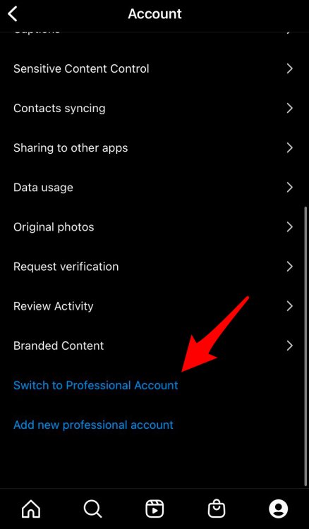 Arrow pointing to "Switch to Professional Account."