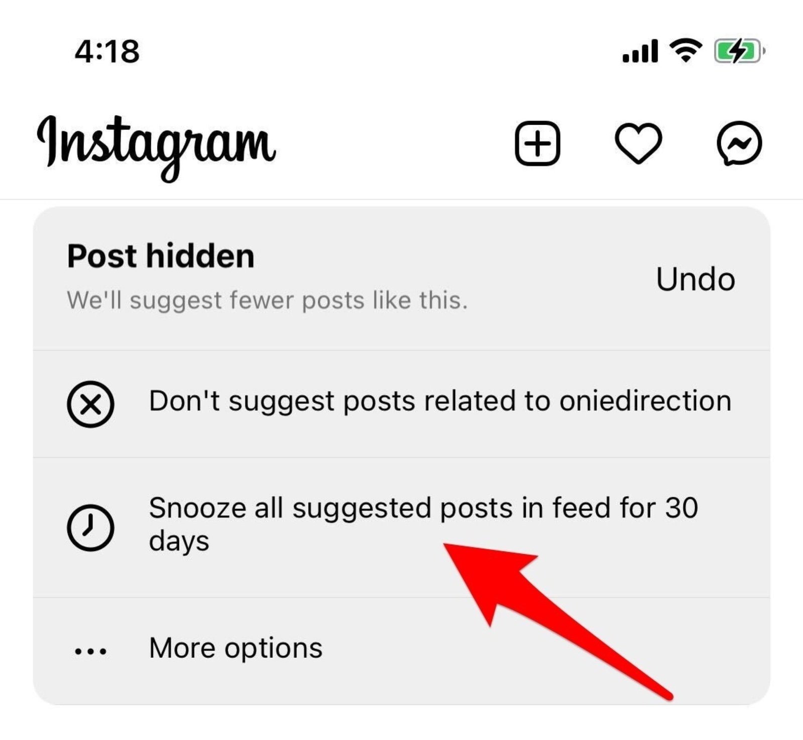 instagram screenshot red arrow pointing to option hide post in feed for 30 days
